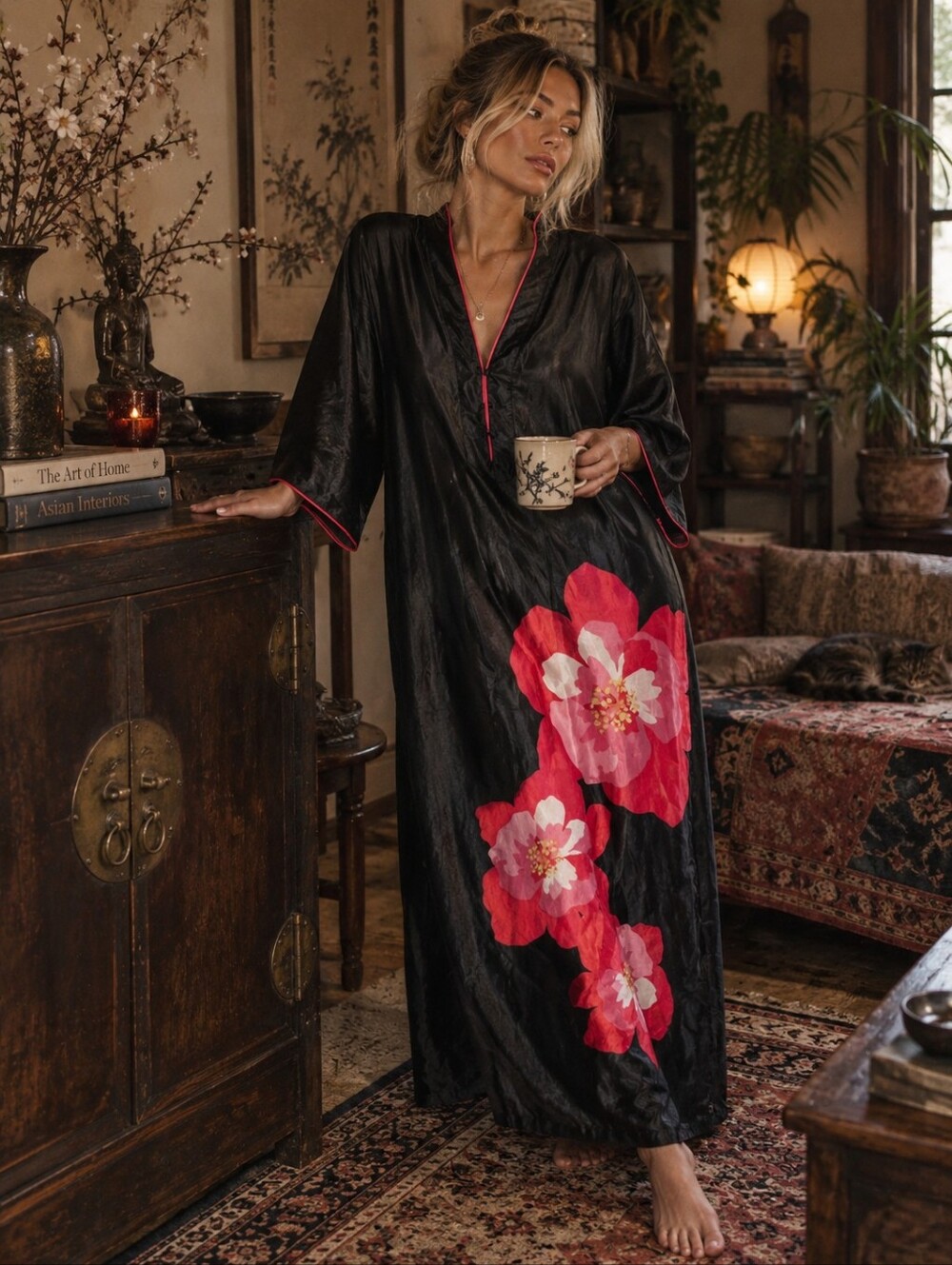 Vintage Morgan Taylor Intimates Floral Nightgown Size M House Dress Black Satin